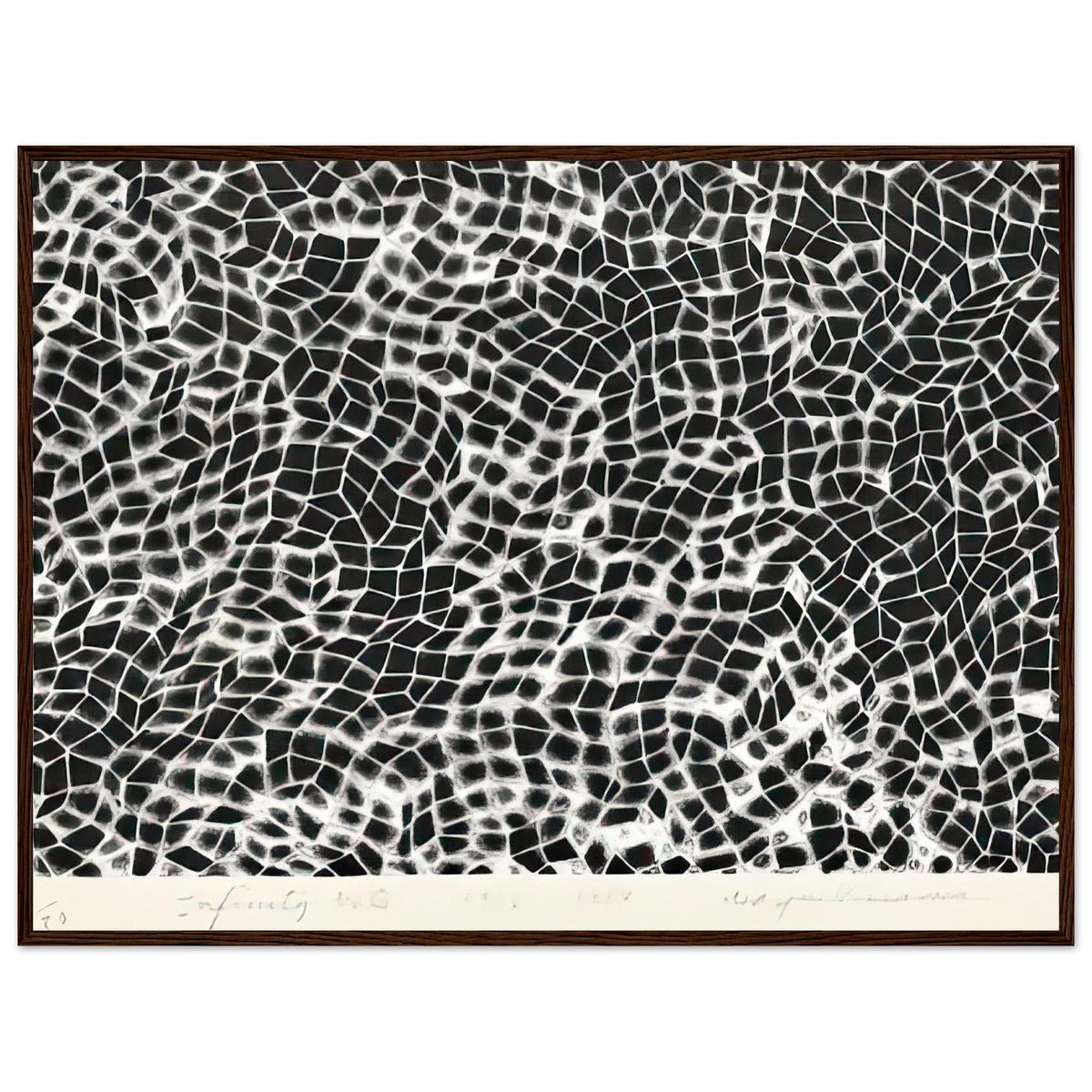 Yayoi Kusama framed print — Infinity Nets (Image 4) explores Kusama’s Infinity Net as a field built from countless repeated marks, dark wood frame, 60x80 cm / 24x32″