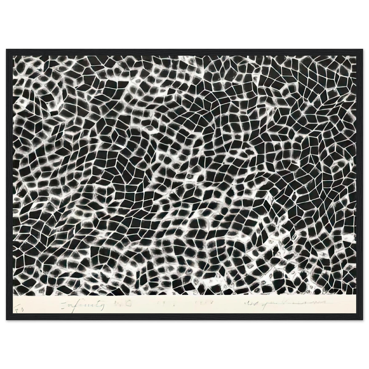 Yayoi Kusama framed print — Infinity Nets (Image 4) explores Kusama’s Infinity Net as a field built from countless repeated marks, black frame, 45x60 cm / 18x24″