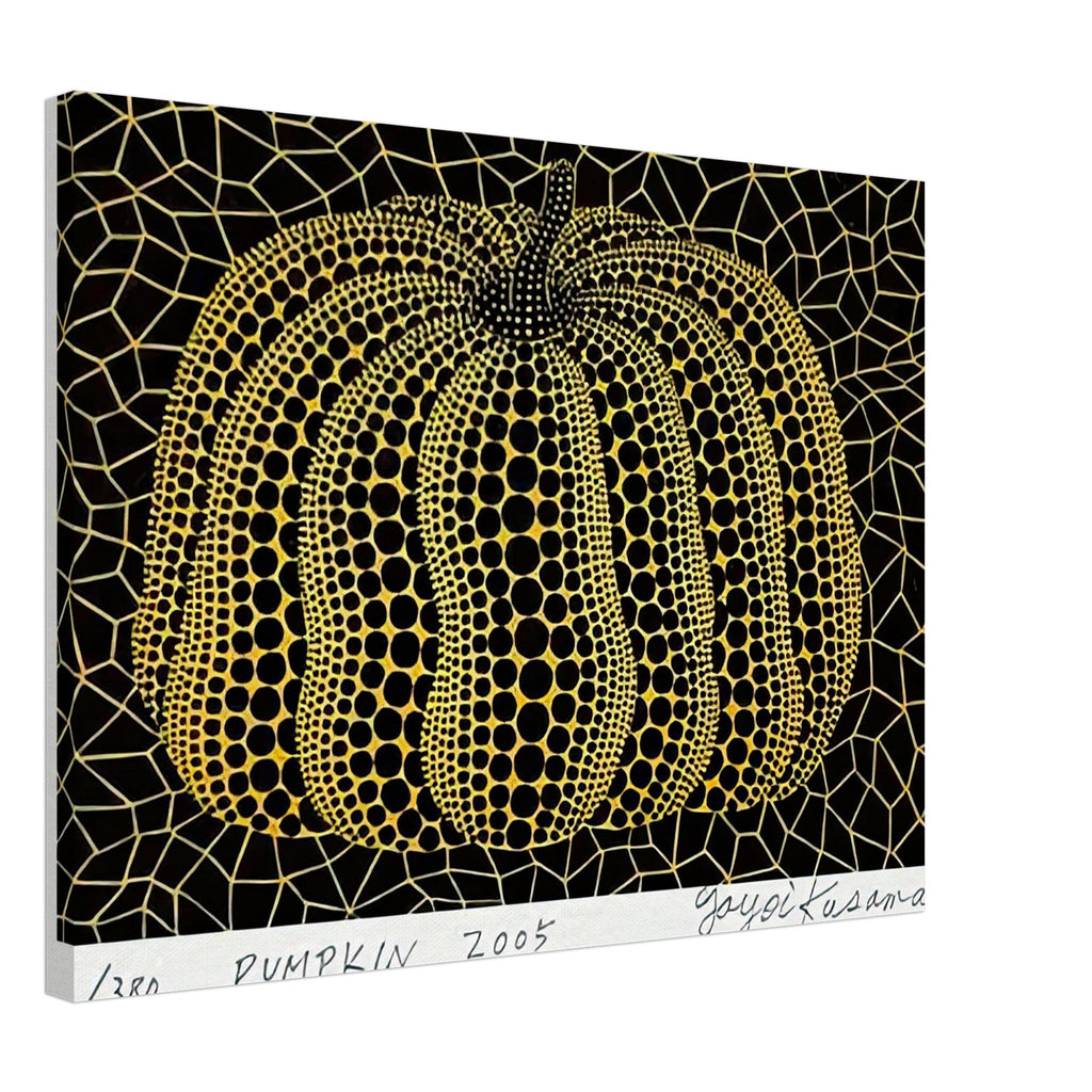 Yayoi Kusama canvas print — Pumpkin places the rounded gourd at the center of Kusama’s visual imagination, treating a humble vegetable as an individual character, 45x60 cm / 18x24″