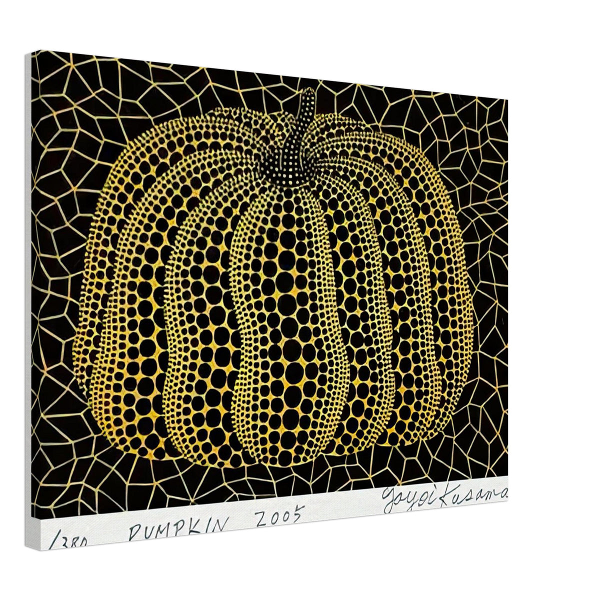 Yayoi Kusama canvas print — Pumpkin places the rounded gourd at the center of Kusama’s visual imagination, treating a humble vegetable as an individual character, 45x60 cm / 18x24″