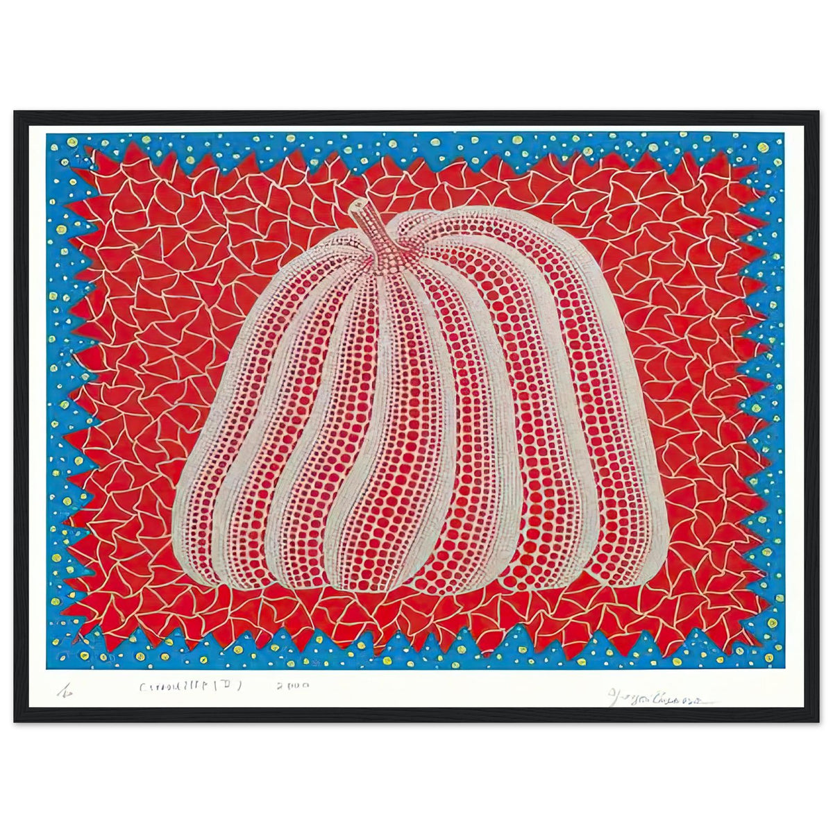 Yayoi Kusama framed print — Citrouille II from Amour pour Toujours gives Kusama’s beloved pumpkin a celebratory role within a portfolio devoted to love, black frame, 45x60 cm / 18x24″