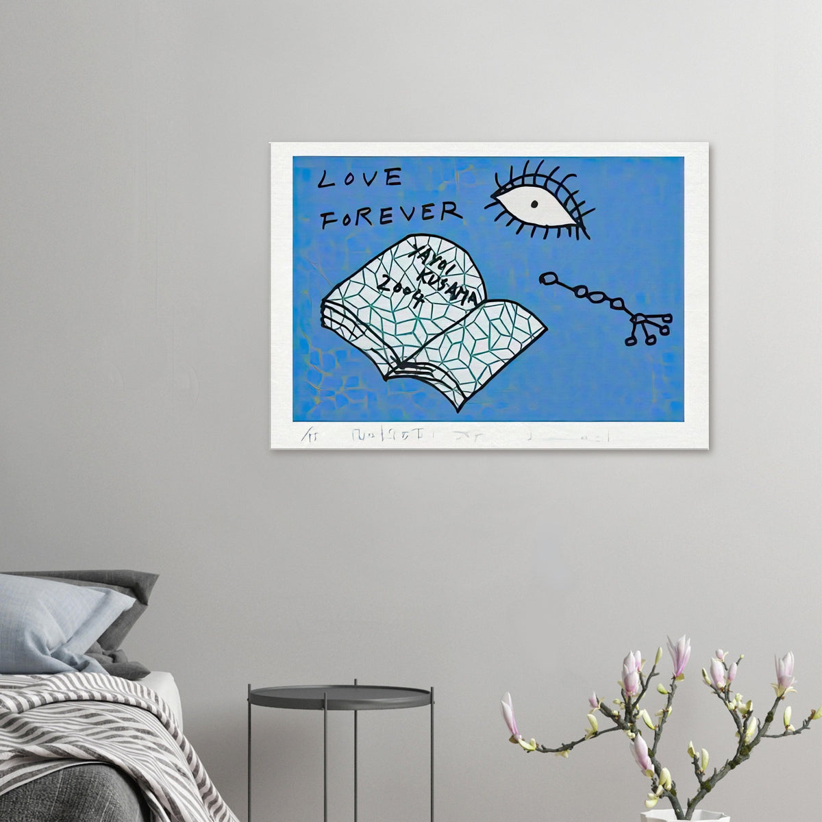 Yayoi Kusama canvas print — Book to Read at Night D places an illustrated book at the center of a strange, poetic visual world