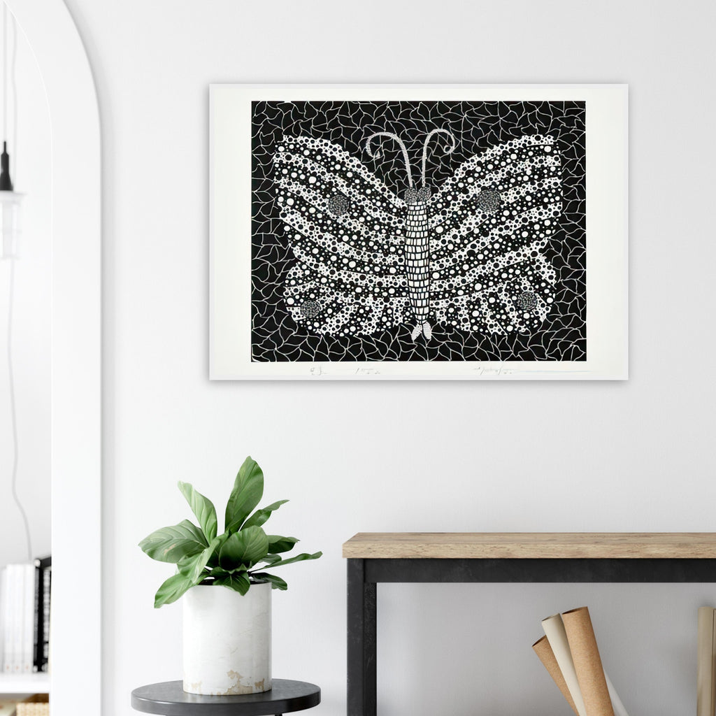 Yayoi Kusama framed print — Butterfly [Kusama 18] by Yayoi Kusama takes the lightness of a butterfly and gives it graphic intensity through pattern