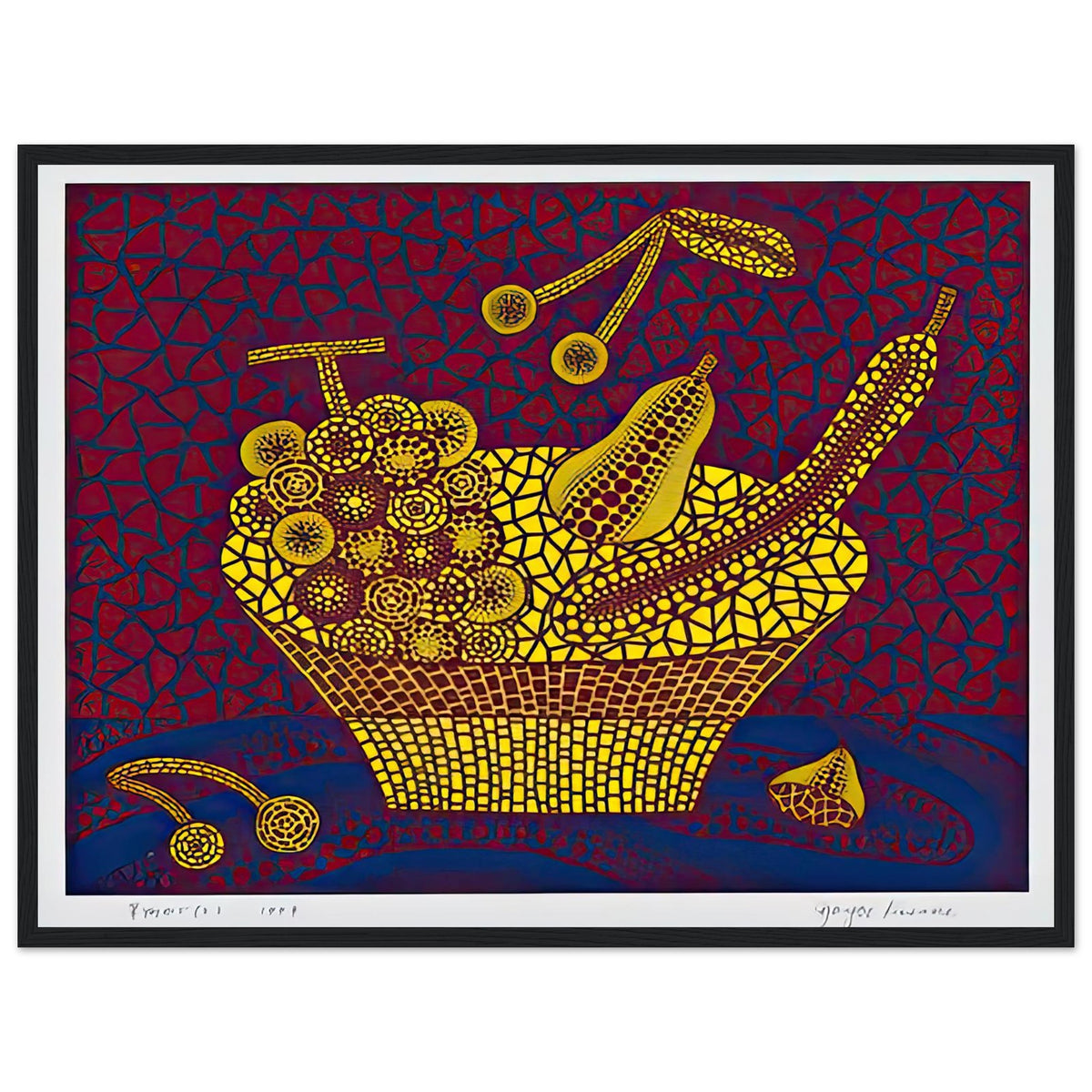 Yayoi Kusama framed print — Fruit Basket (2) by Yayoi Kusama explores one of the artist’s recurring subjects: the abundance of ordinary fruit, black frame, 45x60 cm / 18x24″