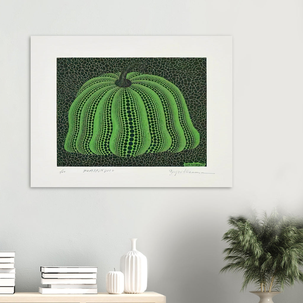 Yayoi Kusama poster — Pumpkin 2000 (Green) uses a green treatment to reinterpret one of Kusama’s most affectionate subjects