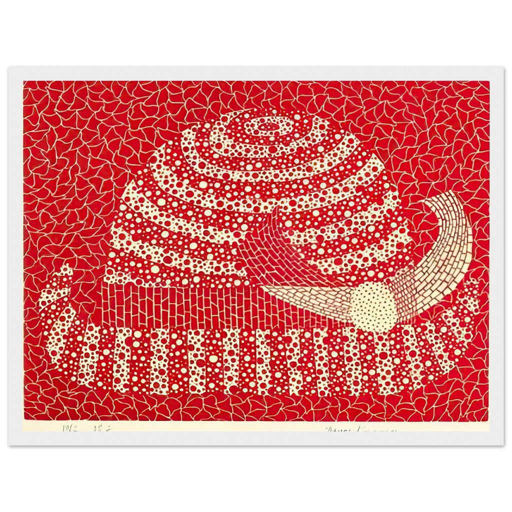 Yayoi Kusama framed print — Hat (Red) presents a familiar accessory as an exercise in changing color and graphic character, white frame, 30x40 cm / 12x16″