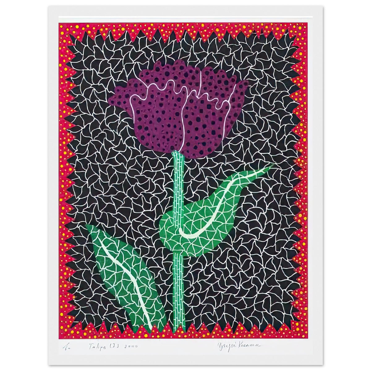 Yayoi Kusama framed print — A tulip becomes the center of an exuberant botanical design in this work from Amour Pour Toujours, white frame, 30x40 cm / 12x16″