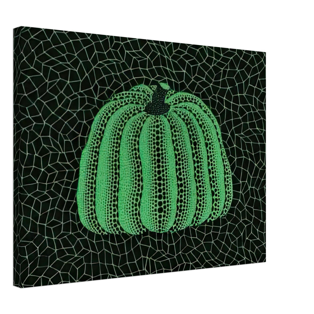 Yayoi Kusama canvas print — Pumpkin (Green, Version 2) presents Kusama’s familiar pumpkin through an explicitly green variation, 45x60 cm / 18x24″