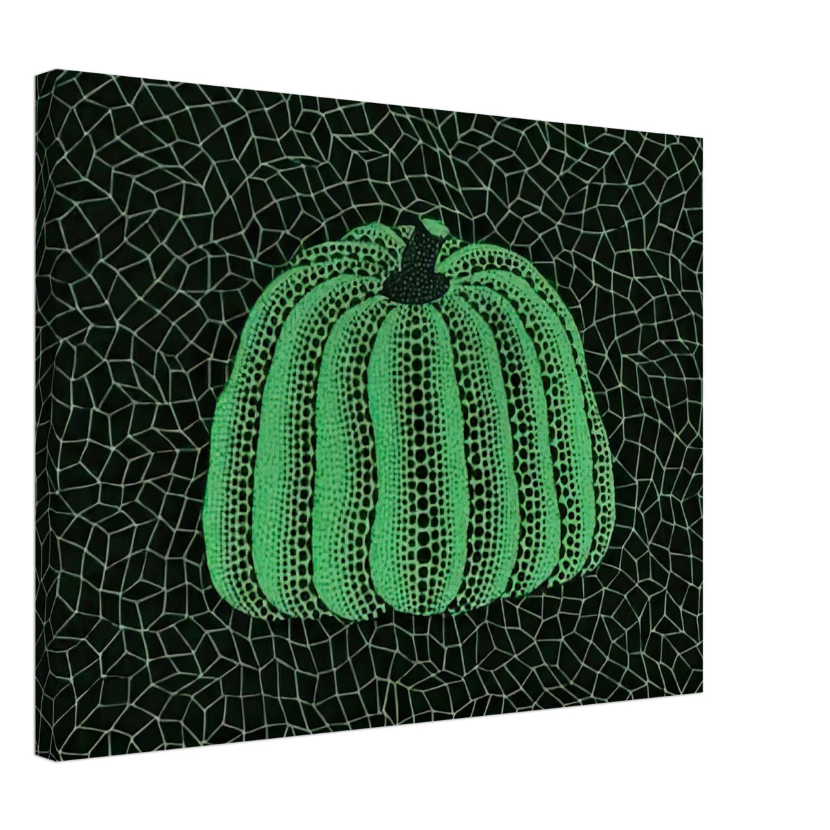 Yayoi Kusama canvas print — Pumpkin (Green, Version 2) presents Kusama’s familiar pumpkin through an explicitly green variation, 45x60 cm / 18x24″