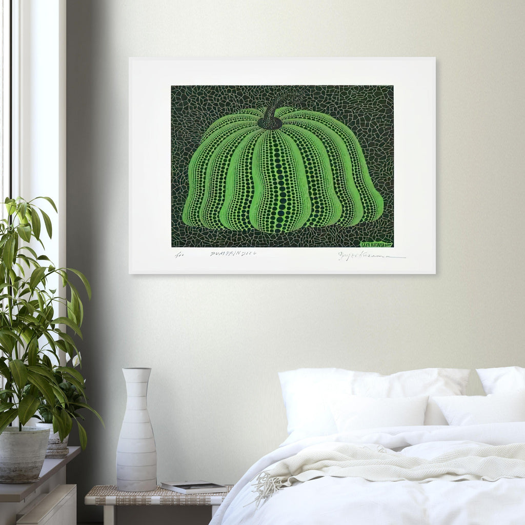 Yayoi Kusama framed print — Pumpkin 2000 (Green) uses a green treatment to reinterpret one of Kusama’s most affectionate subjects