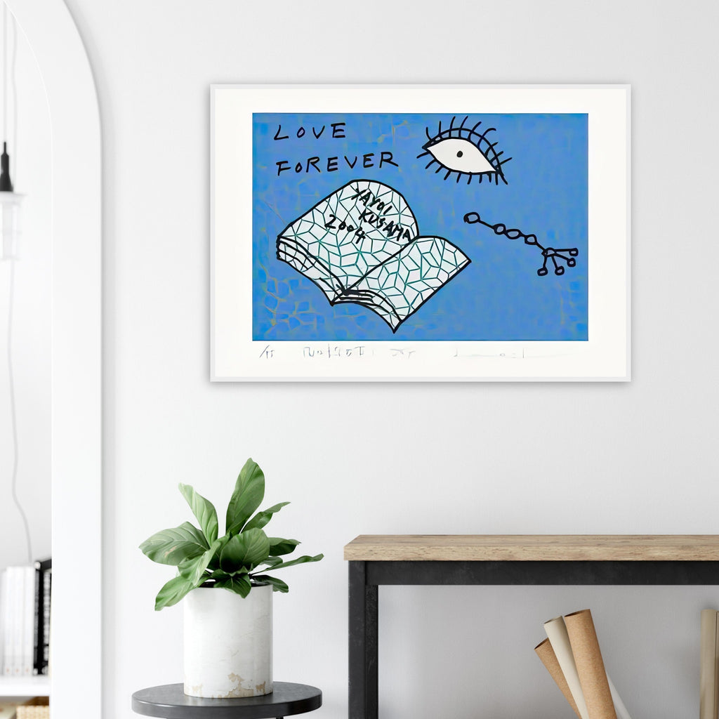 Yayoi Kusama framed print — Book to Read at Night D places an illustrated book at the center of a strange, poetic visual world