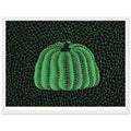 Yayoi Kusama framed print — Pumpkin (Green, Version 2) presents Kusama’s familiar pumpkin through an explicitly green variation, white frame, 30x40 cm / 12x16″