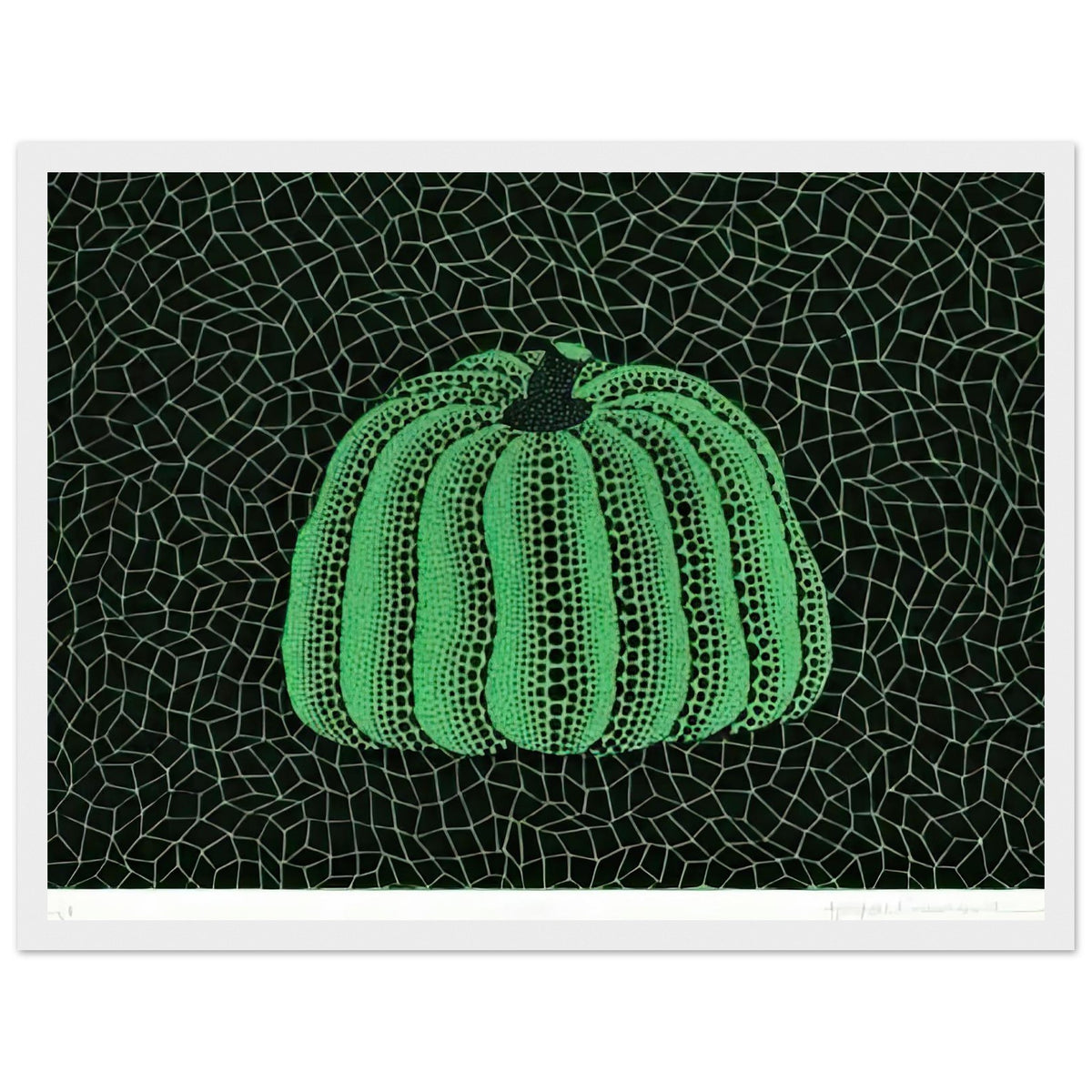 Yayoi Kusama framed print — Pumpkin (Green, Version 2) presents Kusama’s familiar pumpkin through an explicitly green variation, white frame, 30x40 cm / 12x16″