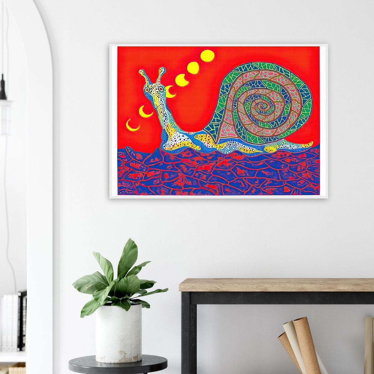 Yayoi Kusama framed print — Snail takes a slow-moving creature and makes its spiral shell and delicate movement the center of attention