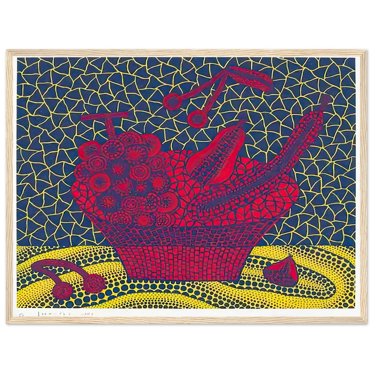 Yayoi Kusama framed print — Fruit Basket (5) by Yayoi Kusama explores one of the artist’s recurring subjects: the abundance of ordinary fruit, wood frame, 45x60 cm / 18x24″