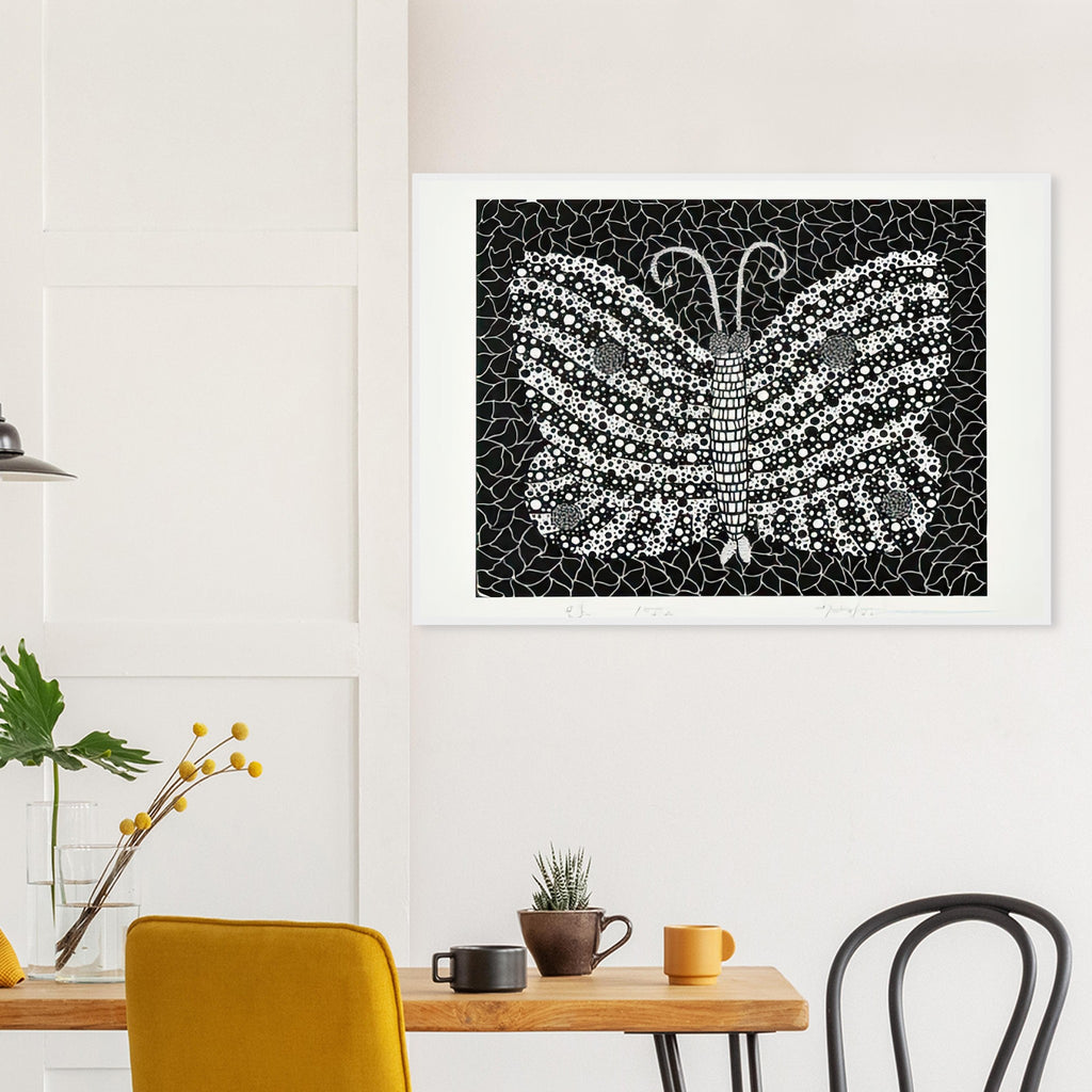 Yayoi Kusama framed print — Butterfly [Kusama 18] by Yayoi Kusama takes the lightness of a butterfly and gives it graphic intensity through pattern