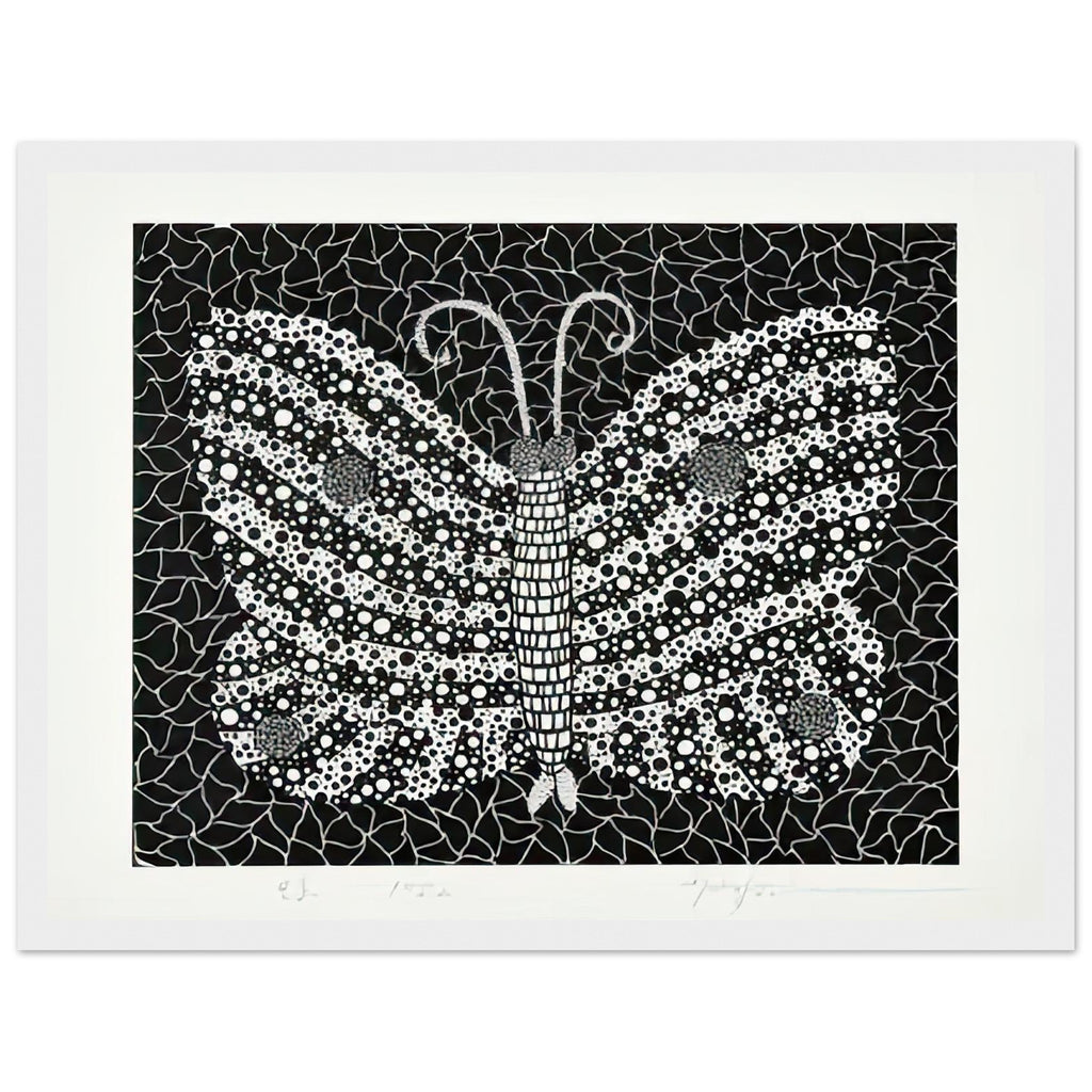 Yayoi Kusama framed print — Butterfly [Kusama 18] by Yayoi Kusama takes the lightness of a butterfly and gives it graphic intensity through pattern, white frame, 30x40 cm / 12x16″