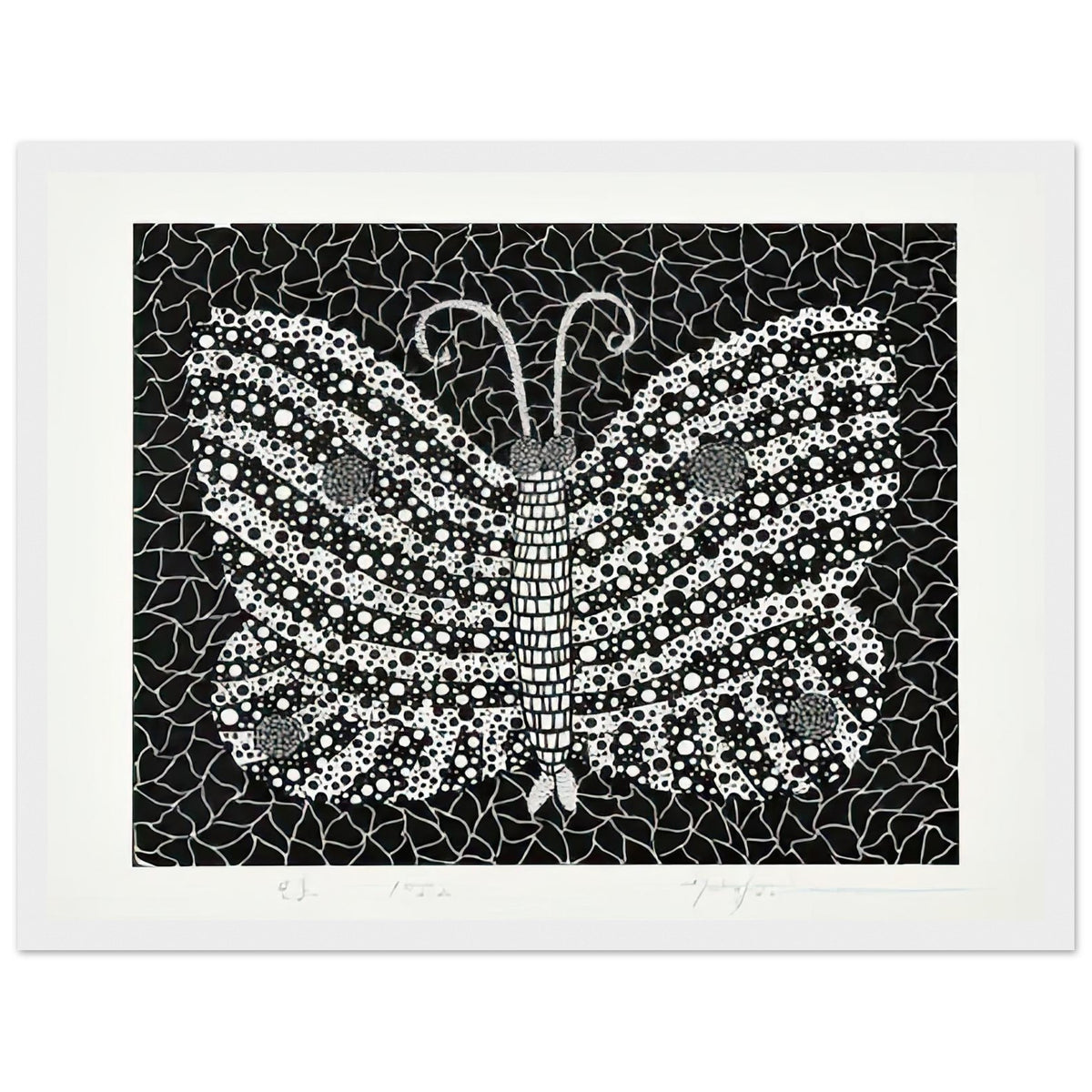 Yayoi Kusama framed print — Butterfly [Kusama 18] by Yayoi Kusama takes the lightness of a butterfly and gives it graphic intensity through pattern, white frame, 30x40 cm / 12x16″
