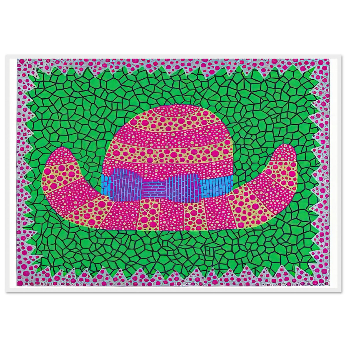 Yayoi Kusama framed print — Hat II turns an everyday hat into a subject for playful observation, white frame, 70x100 cm / 28x40″