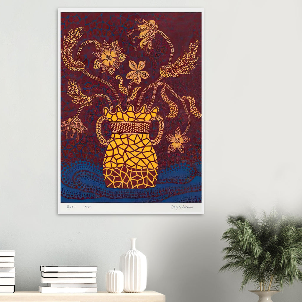 Yayoi Kusama framed print — In Flowers (3) , the familiar bloom is treated as a fresh formal problem