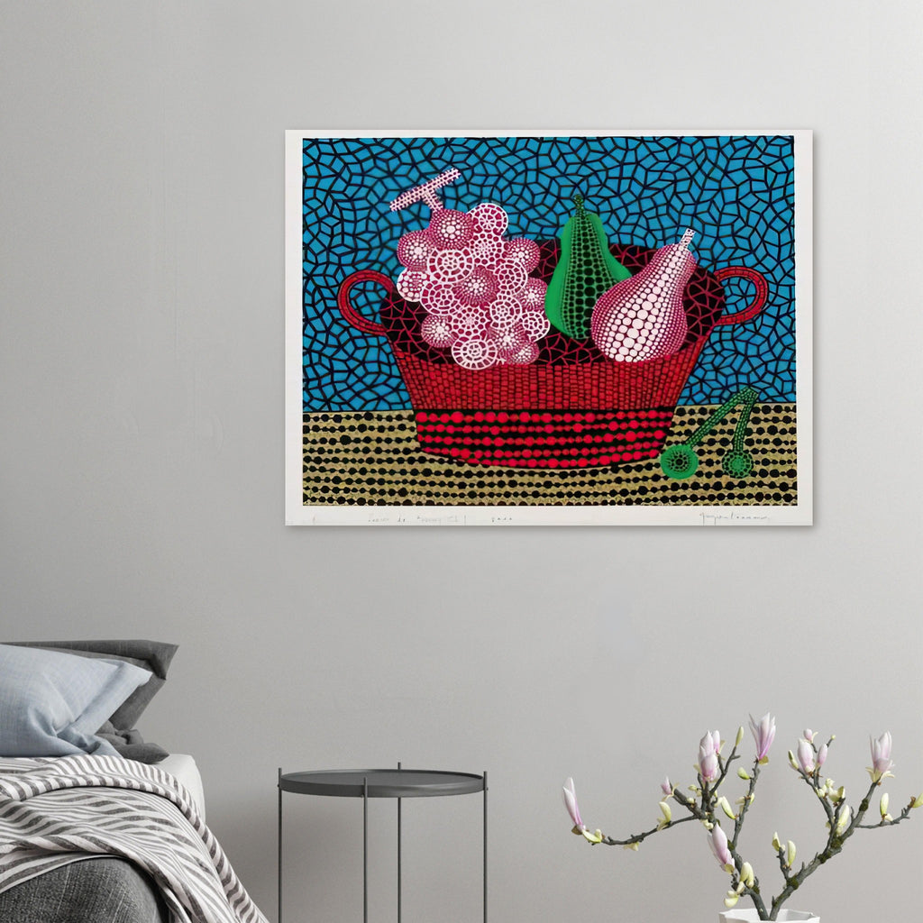 Yayoi Kusama poster — Panier de Fruits II from Amour pour Toujours turns a basket of fruit into a lively decorative still life