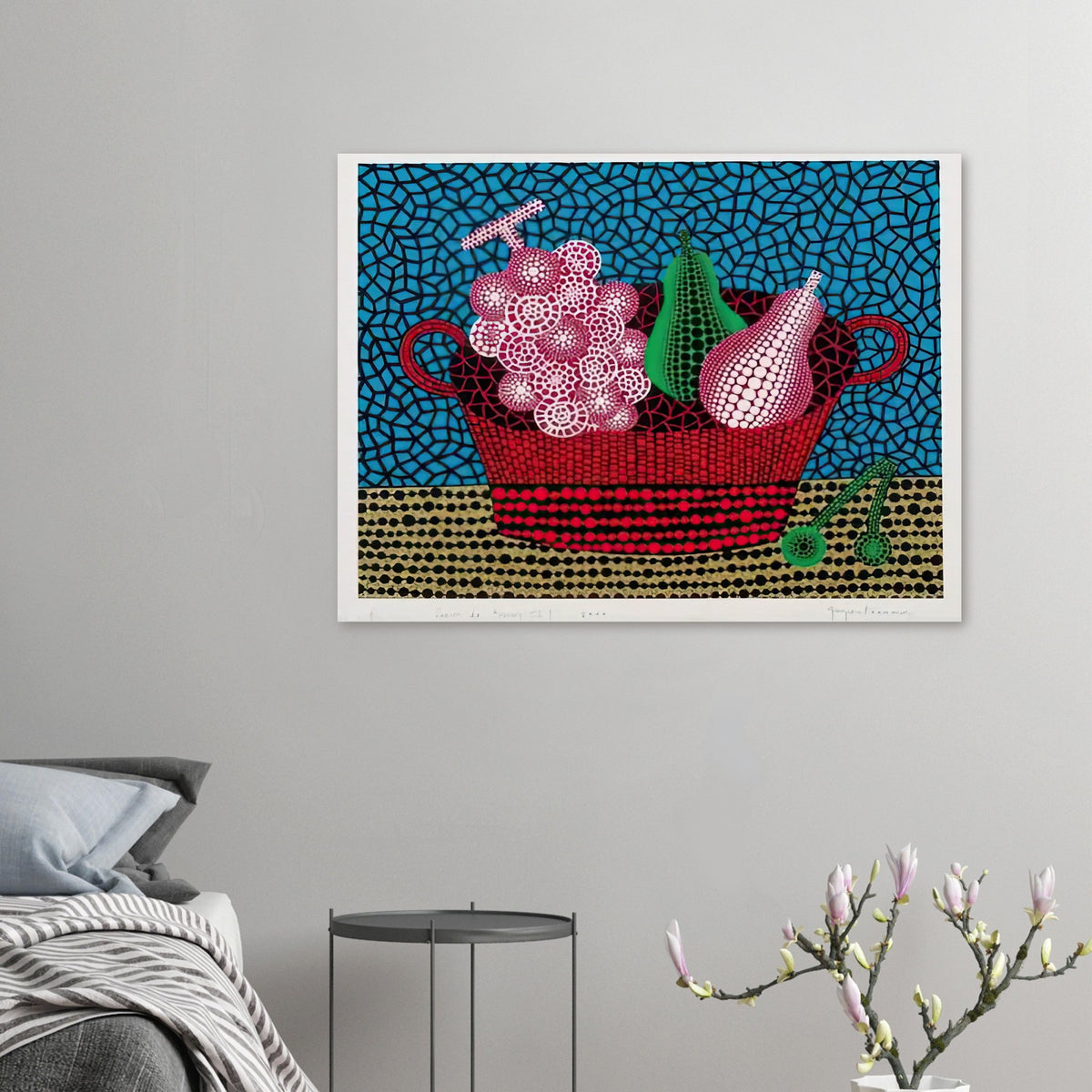Yayoi Kusama poster — Panier de Fruits II from Amour pour Toujours turns a basket of fruit into a lively decorative still life