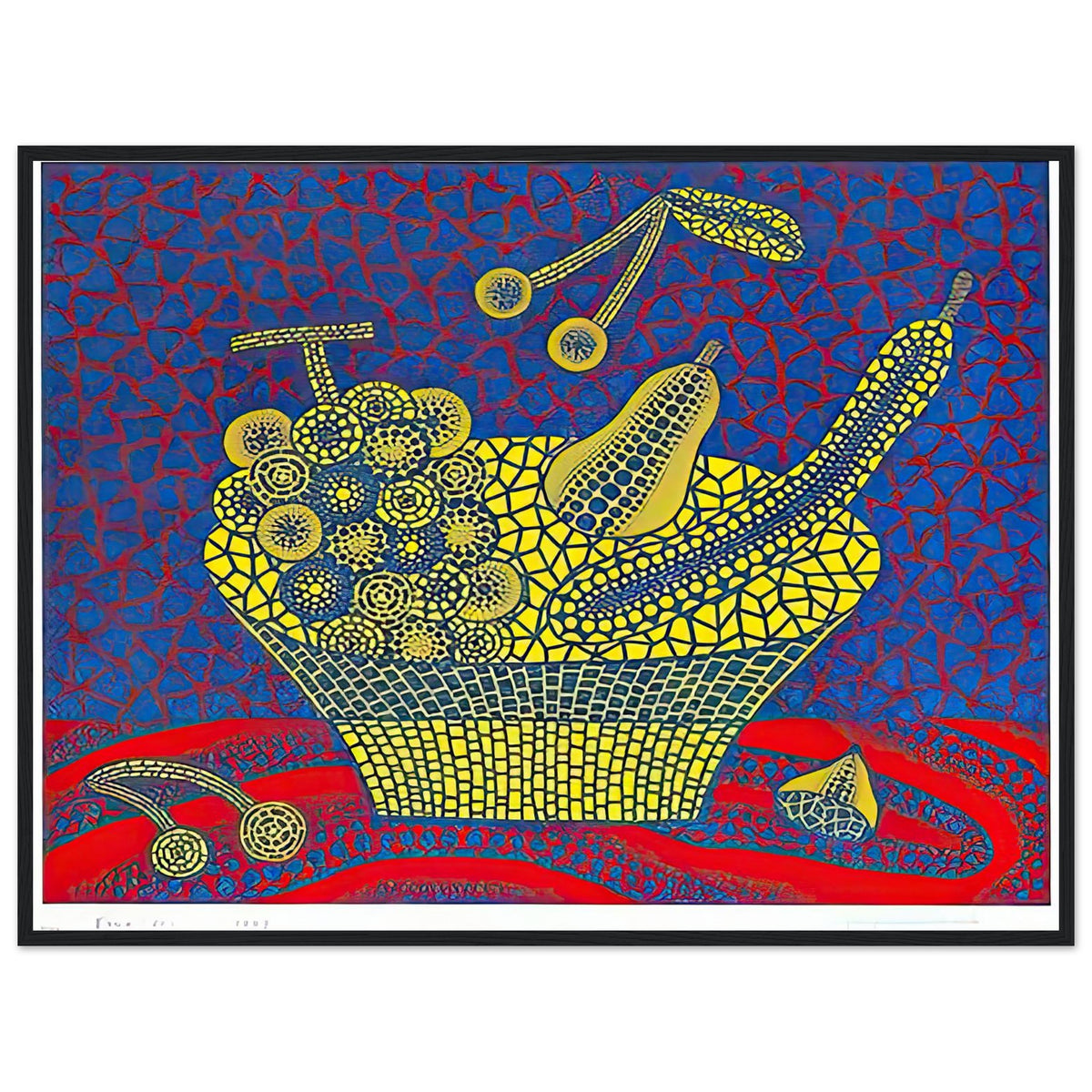 Yayoi Kusama framed print — Fruit Basket (1) by Yayoi Kusama explores one of the artist’s recurring subjects: the abundance of ordinary fruit, black frame, 60x80 cm / 24x32″
