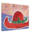 Yayoi Kusama canvas print — Hat Left Behind in the Field turns an unattended accessory into a scene with an implied human presence, 45x60 cm / 18x24″