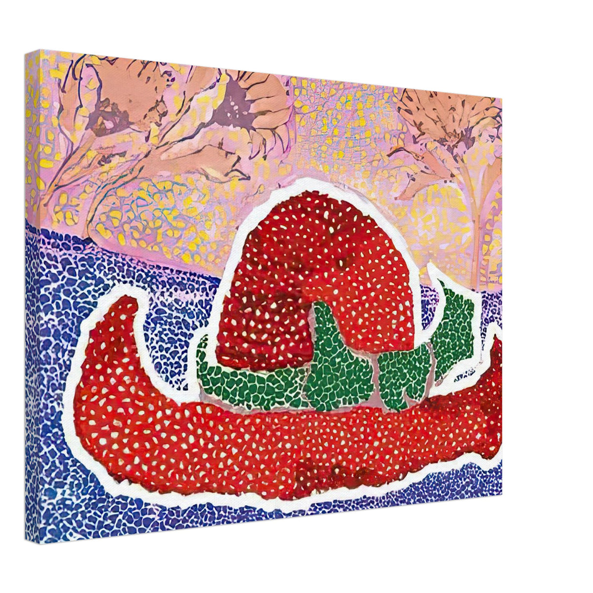 Yayoi Kusama canvas print — Hat Left Behind in the Field turns an unattended accessory into a scene with an implied human presence, 45x60 cm / 18x24″