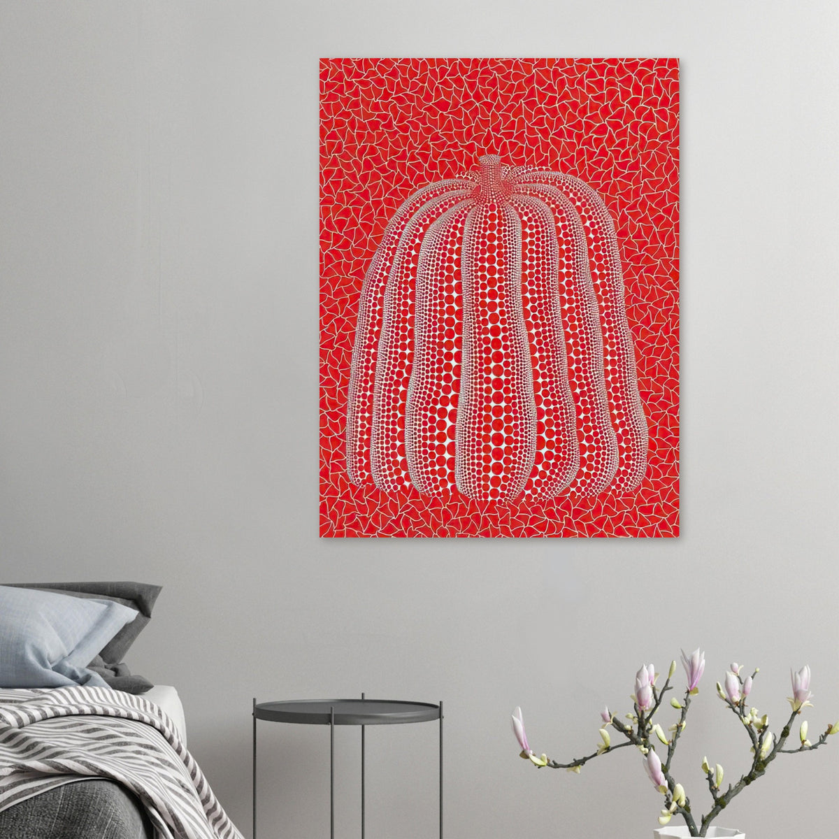 Yayoi Kusama poster — This red pumpkin image uses a familiar gourd as the foundation for an especially vivid statement