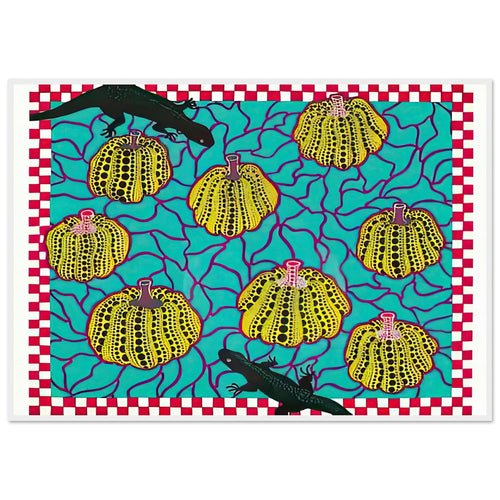 Yayoi Kusama framed print — Black Lizards introduces a less familiar animal motif into Kusama’s vocabulary of living creatures and repeating patterns, white frame, 70x100 cm / 28x40″