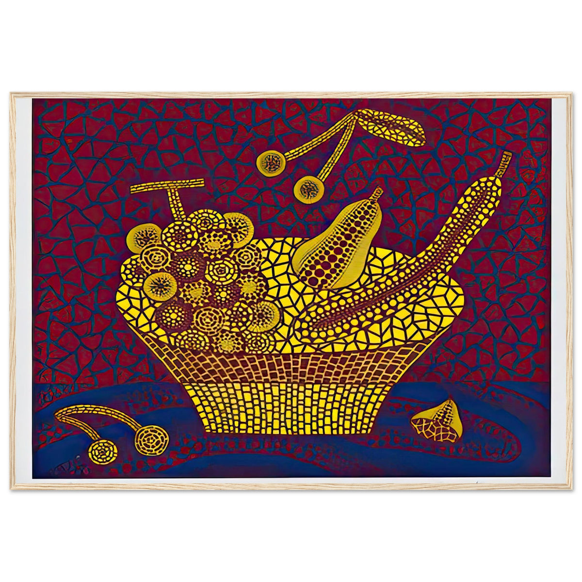 Yayoi Kusama framed print — Fruit Basket (2) by Yayoi Kusama explores one of the artist’s recurring subjects: the abundance of ordinary fruit, wood frame, 70x100 cm / 28x40″