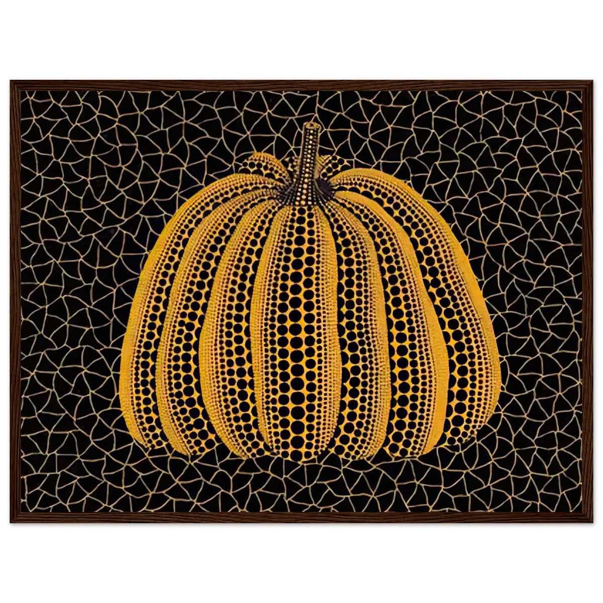 Yayoi Kusama framed print — Pumpkin (YY) [Kusama 231] revisits Kusama’s best-known vegetable through the relationship between its distinctive form and repeating ornament, dark wood frame, 45x60 cm / 18x24″