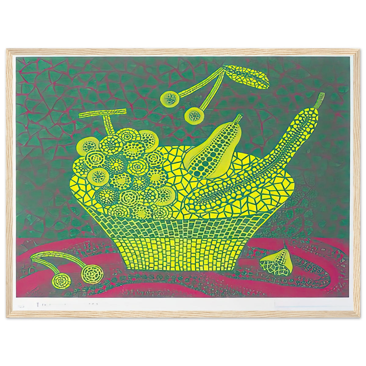Yayoi Kusama framed print — Fruit Basket (4) by Yayoi Kusama explores one of the artist’s recurring subjects: the abundance of ordinary fruit, wood frame, 45x60 cm / 18x24″