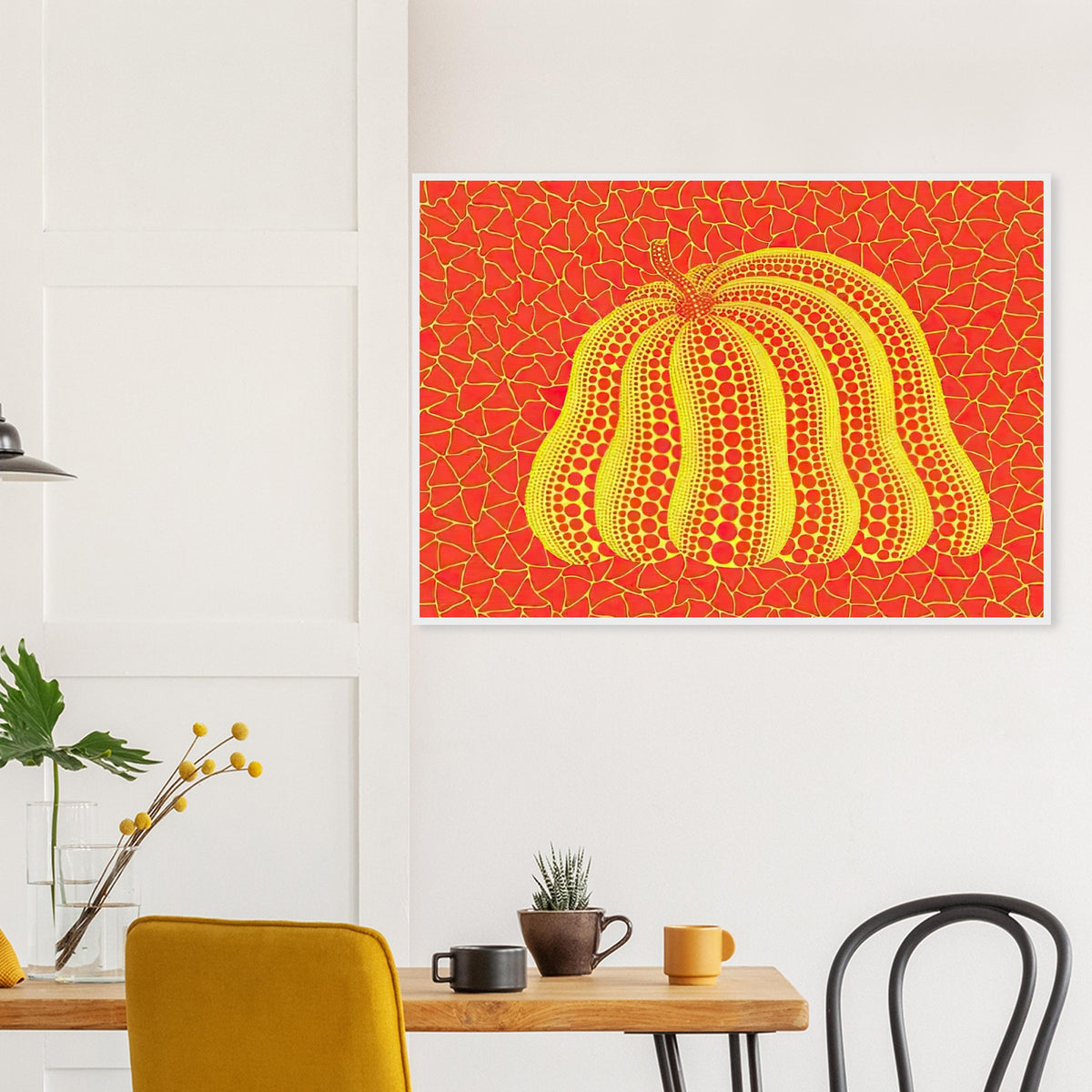 Yayoi Kusama framed print — Pumpkin (YOR-A) [Kusama 326] revisits Kusama’s best-known vegetable through the relationship between its distinctive form and repeating ornament