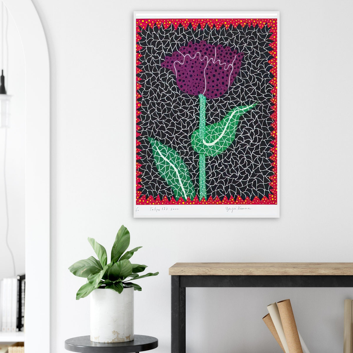 Yayoi Kusama framed print — A tulip becomes the center of an exuberant botanical design in this work from Amour Pour Toujours