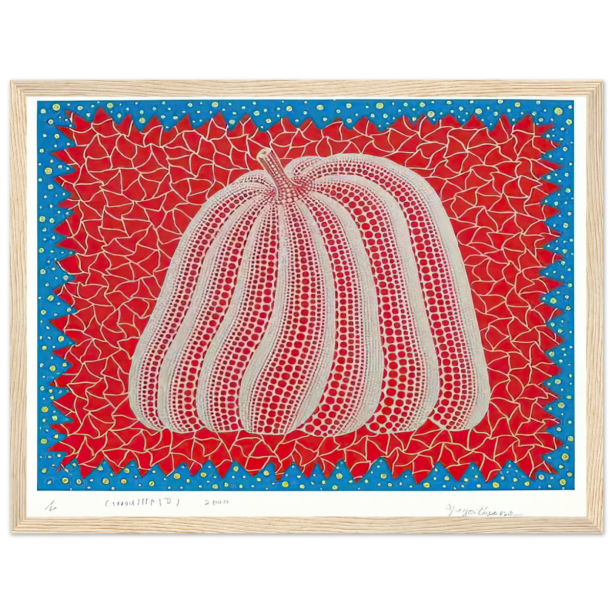 Yayoi Kusama framed print — Citrouille II from Amour pour Toujours gives Kusama’s beloved pumpkin a celebratory role within a portfolio devoted to love, wood frame, 30x40 cm / 12x16″