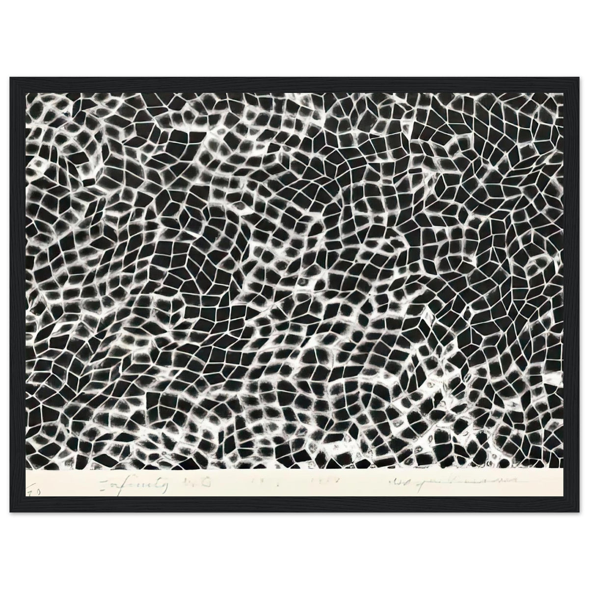 Yayoi Kusama framed print — Infinity Nets (Image 4) explores Kusama’s Infinity Net as a field built from countless repeated marks, black frame, 30x40 cm / 12x16″