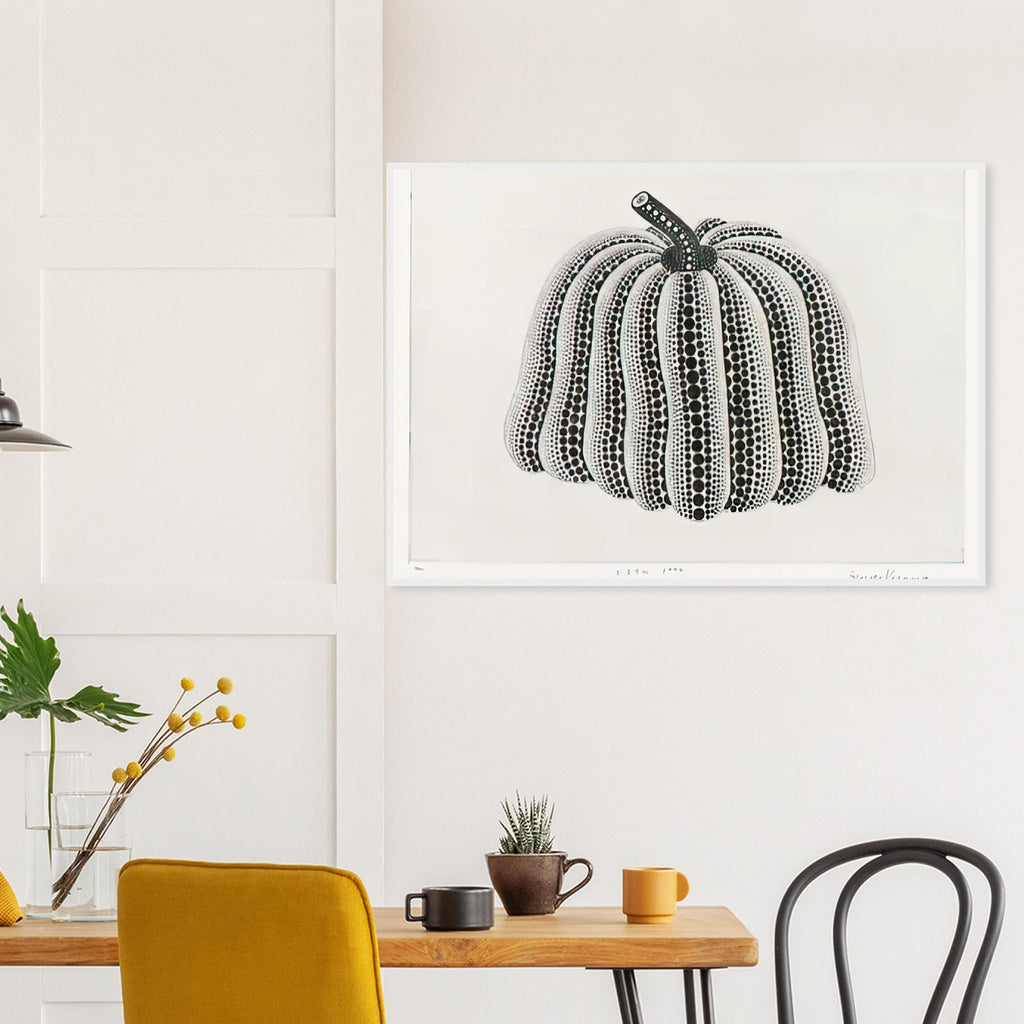 Yayoi Kusama framed print — Pumpkin [Kusama 201] revisits Kusama’s best-known vegetable through the relationship between its distinctive form and repeating ornament