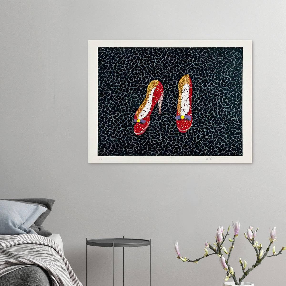Yayoi Kusama poster — Shoes (2) turns a footwear object into an image about shape, balance and individuality