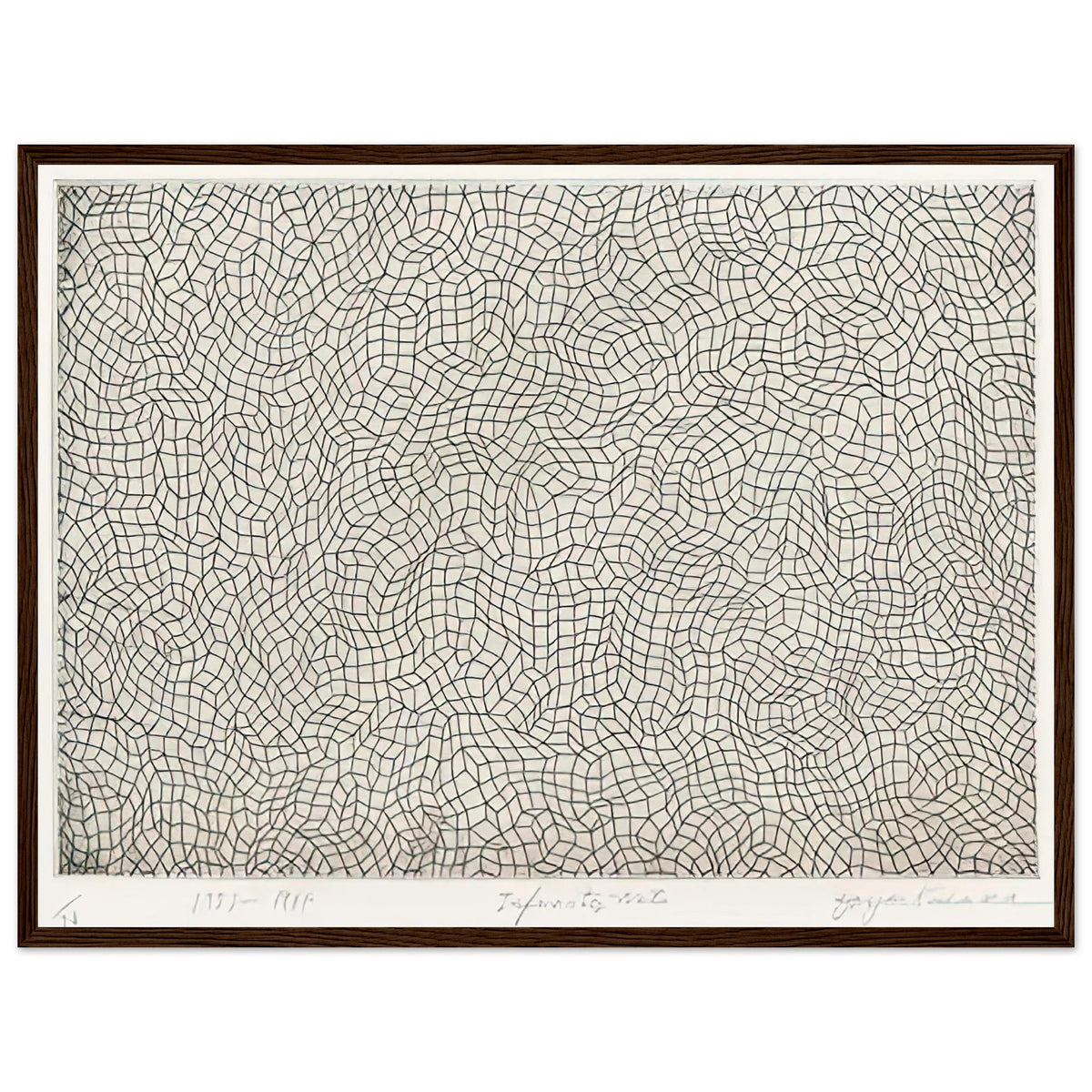 Yayoi Kusama framed print — Infinity Nets [Kusama 51] explores Kusama’s Infinity Net as a field built from countless repeated marks, dark wood frame, 45x60 cm / 18x24″