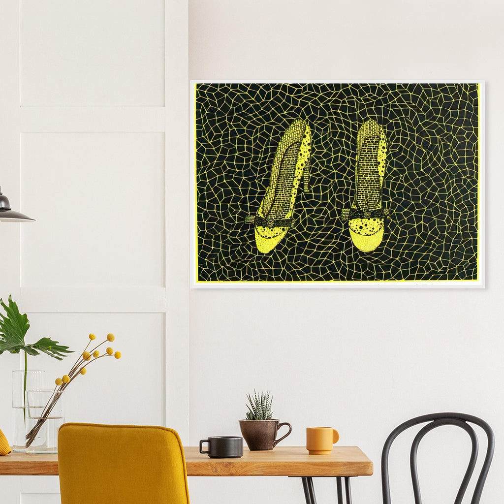 Yayoi Kusama framed print — Shoes (3) turns a footwear object into an image about shape, balance and individuality