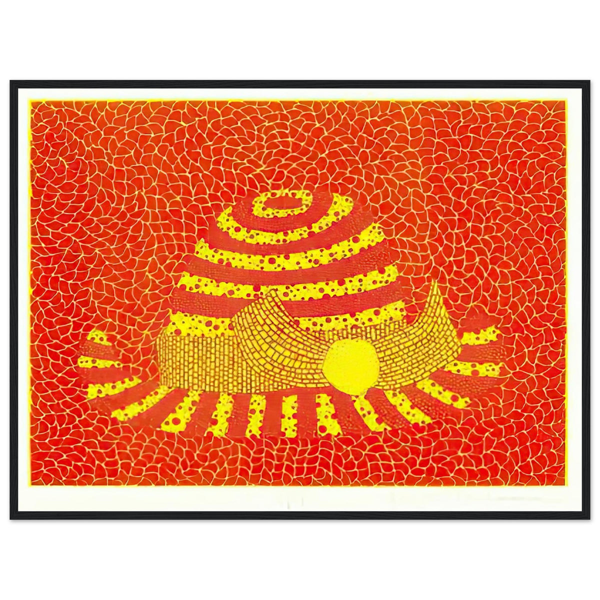 Yayoi Kusama framed print — Hat (Orange) presents a familiar accessory as an exercise in changing color and graphic character, black frame, 60x80 cm / 24x32″