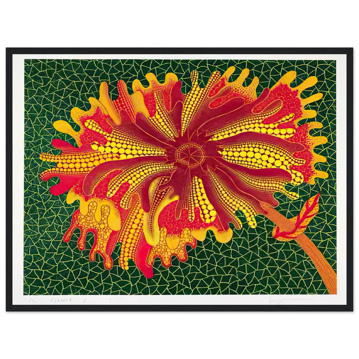 Yayoi Kusama framed print — Flower (A) treats a single flowering motif as a complete visual world, black frame, 45x60 cm / 18x24″