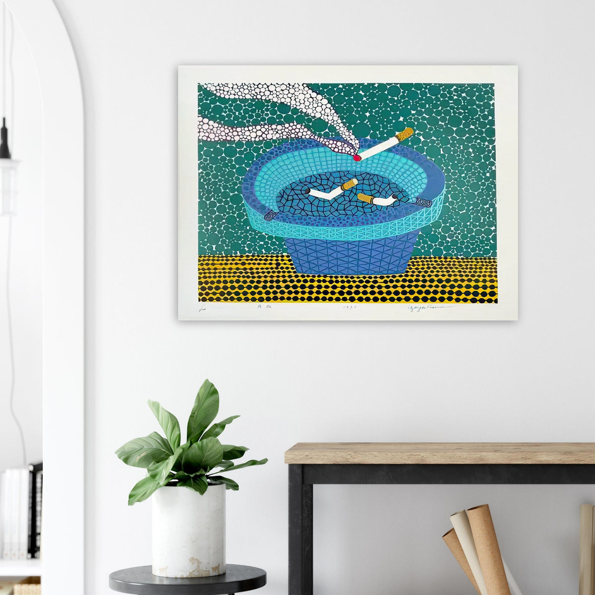 Yayoi Kusama poster — Ashtray (2) returns to the everyday smoking accessory but distinguishes this image as a second listed treatment of the motif