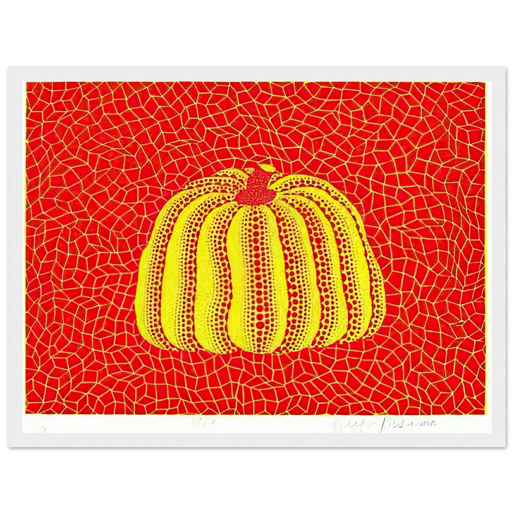 Yayoi Kusama framed print — Pumpkin Orange presents Kusama’s familiar pumpkin through an explicitly orange variation, white frame, 30x40 cm / 12x16″