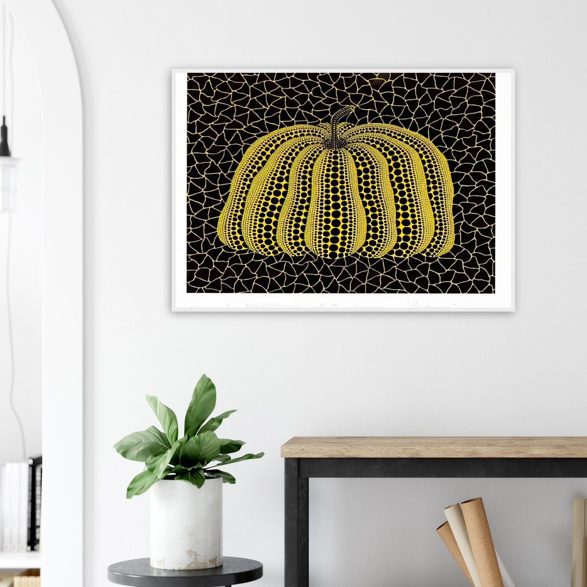 Yayoi Kusama framed print — Pumpkin (YB-B) [Kusama 327] revisits Kusama’s best-known vegetable through the relationship between its distinctive form and repeating ornament