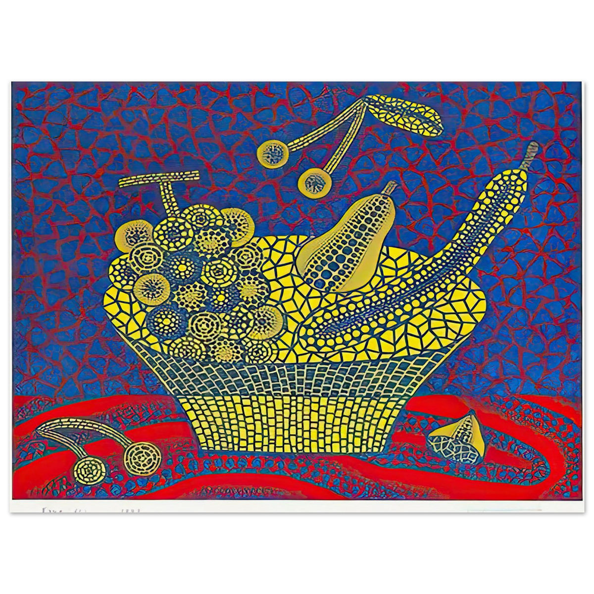 Yayoi Kusama poster — Fruit Basket (1) by Yayoi Kusama explores one of the artist’s recurring subjects: the abundance of ordinary fruit, 30x40 cm / 12x16″