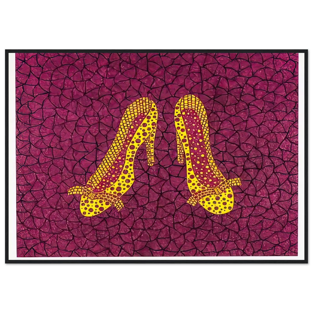 Yayoi Kusama framed print — High Heels (2) makes a fashion accessory the protagonist of a Kusama print, black frame, 70x100 cm / 28x40″