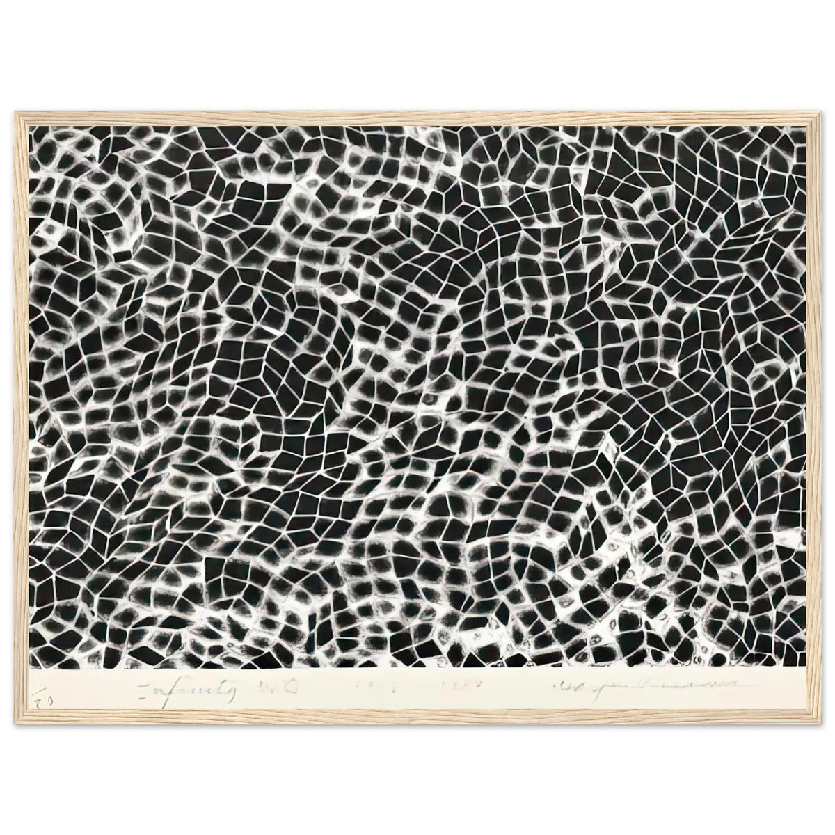 Yayoi Kusama framed print — Infinity Nets (Image 4) explores Kusama’s Infinity Net as a field built from countless repeated marks, wood frame, 45x60 cm / 18x24″
